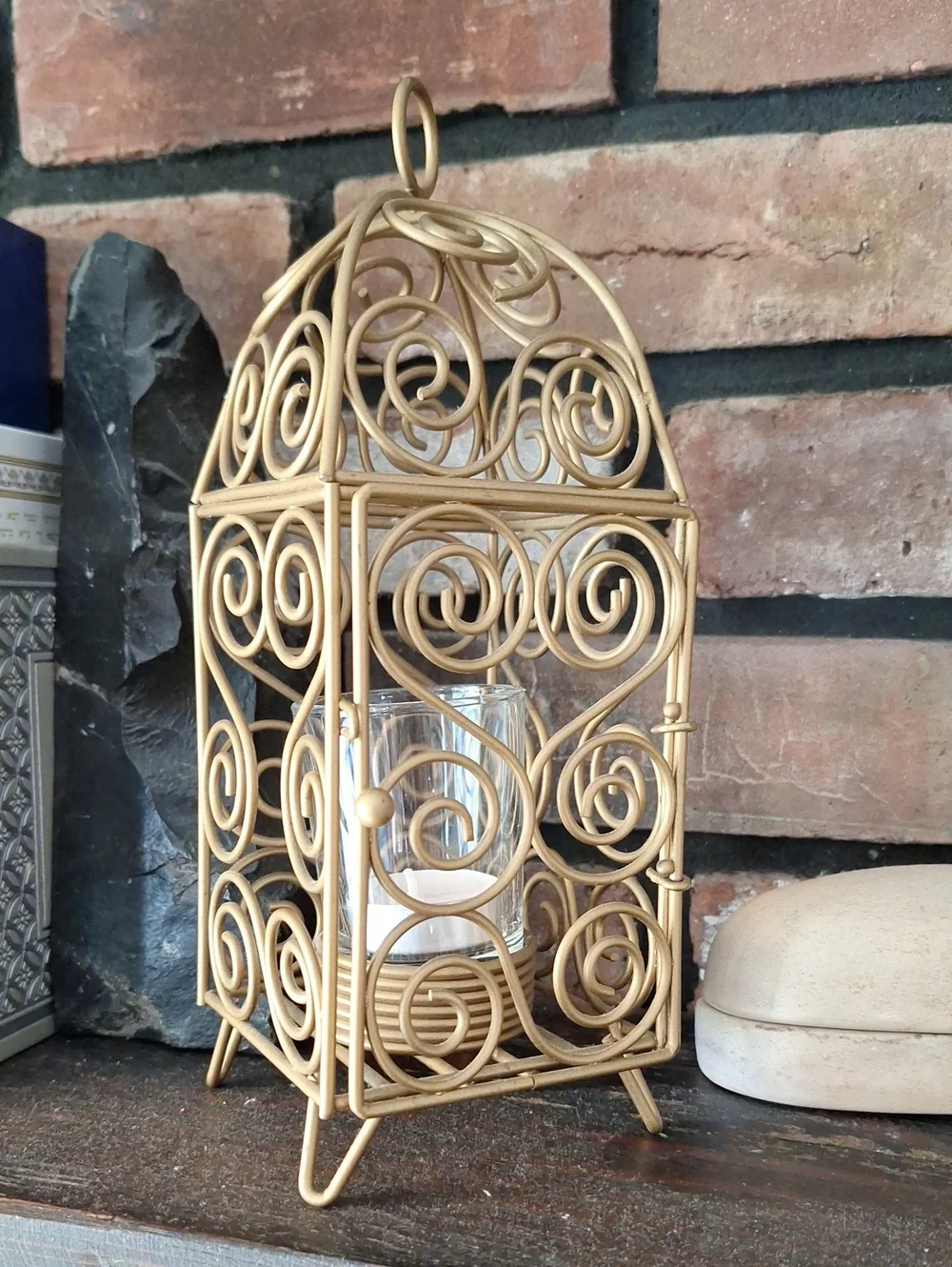 Gold Scrollwork Metal Lantern Candle Holder